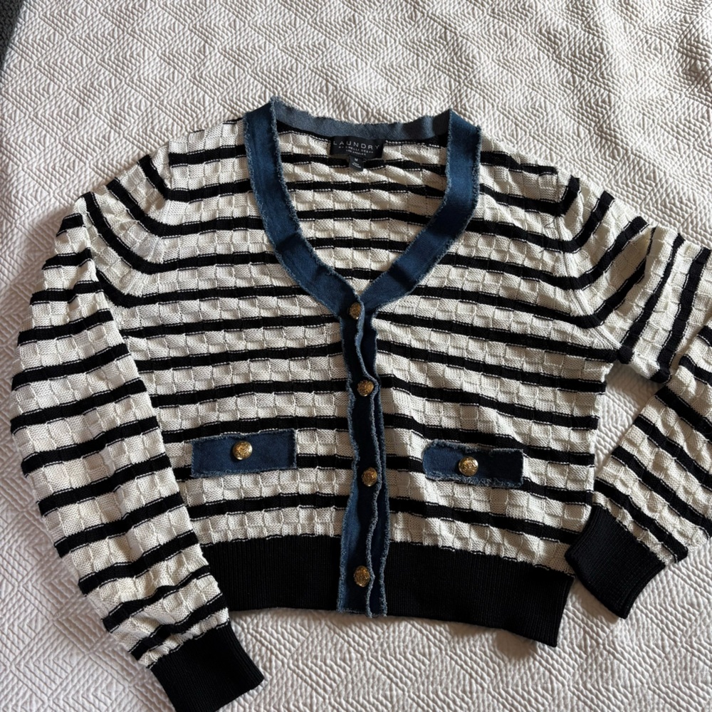 Laundry By Shelli Segal Black and White Striped Cardigan